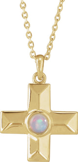 14K Gold Round Natural White Opal Cross Pendant - Yellow Gold