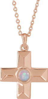 14K Gold Round Natural White Opal Cross Pendant - Rose Gold