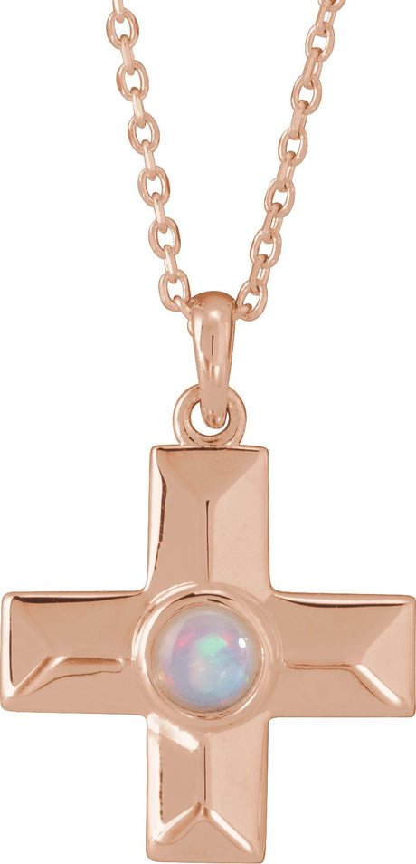 14K Gold Round Natural White Opal Cross Pendant - Rose Gold