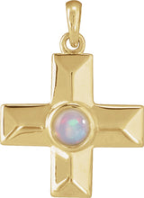 14K Gold Round Natural White Opal Cross Pendant - Yellow Gold