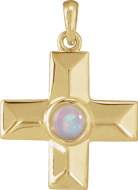 14K Gold Round Natural White Opal Cross Pendant - Yellow Gold