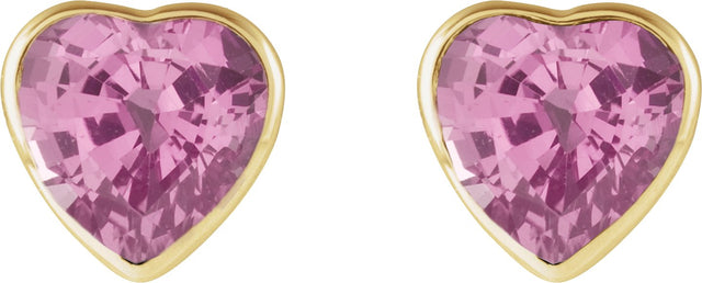 14K Gold Natural Pink Sapphire Heart Bezel-Set Stud Earrings - Yellow Gold - view 2