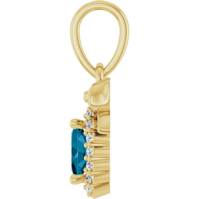 14K Gold Oval Natural London Blue Topaz & Natural Diamond Accented Bow Necklace or Pendant - Yellow Gold - view 3