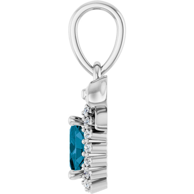 14K Gold Oval Natural London Blue Topaz & Natural Diamond Accented Bow Necklace or Pendant - White Gold - view 3