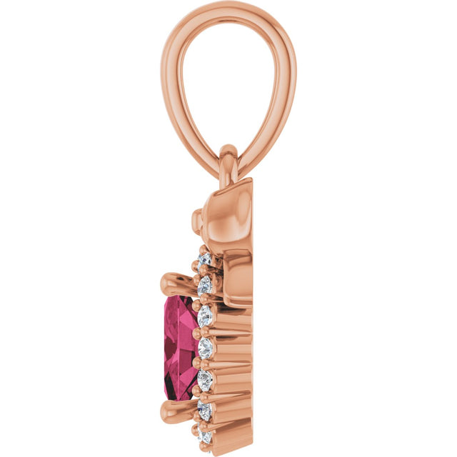 14K Gold Oval Natural Rhodolite Garnet & Natural Diamond Accented Bow Necklace or Pendant - Rose Gold - view 3
