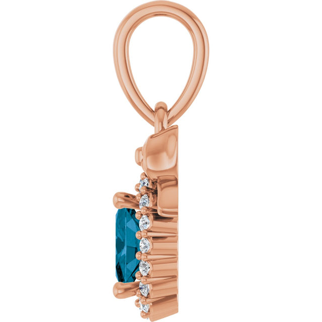 14K Gold Oval Natural London Blue Topaz & Natural Diamond Accented Bow Necklace or Pendant - Rose Gold - view 3