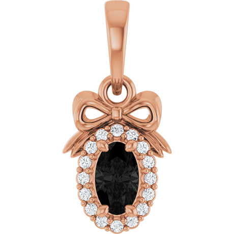 14K Gold Oval Natural Black Onyx & Natural Diamond Accented Bow Necklace or Pendant - Rose Gold