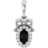 14K Gold Oval Natural Black Onyx & Natural Diamond Accented Bow Necklace or Pendant - White Gold
