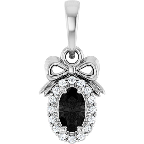 14K Gold Oval Natural Black Onyx & Natural Diamond Accented Bow Necklace or Pendant - White Gold