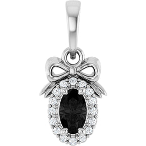 Platinum Oval Natural Black Onyx & Natural Diamond Accented Bow Necklace or Pendant