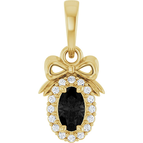 14K Gold Oval Natural Black Onyx & Natural Diamond Accented Bow Necklace or Pendant - Yellow Gold