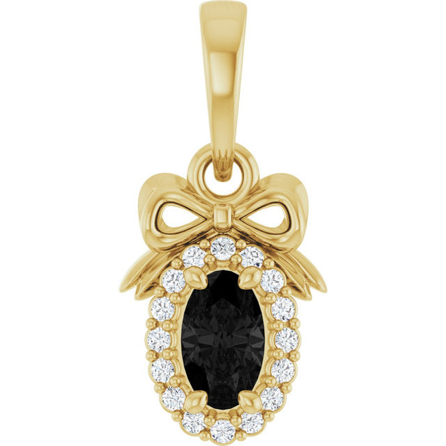 14K Gold Oval Natural Black Onyx & Natural Diamond Accented Bow Necklace or Pendant - Yellow Gold