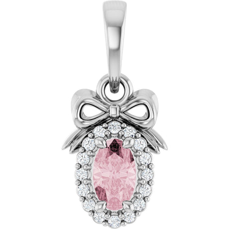 Platinum Oval Natural Pink Morganite & Natural Diamond Accented Bow Necklace or Pendant