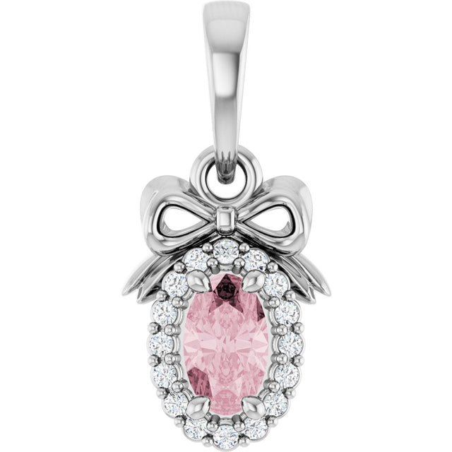 14K Gold Oval Natural Pink Morganite & Natural Diamond Accented Bow Necklace or Pendant - White Gold