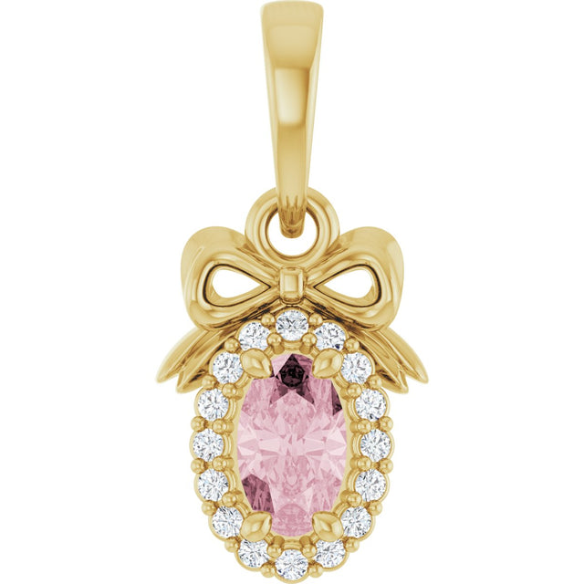 14K Gold Oval Natural Pink Morganite & Natural Diamond Accented Bow Necklace or Pendant - Yellow Gold
