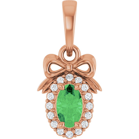 14K Gold Oval Natural Tsavorite Garnet & Natural Diamond Accented Bow Necklace or Pendant - Rose Gold