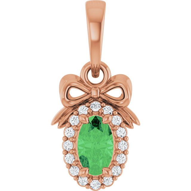 14K Gold Oval Natural Tsavorite Garnet & Natural Diamond Accented Bow Necklace or Pendant - Rose Gold