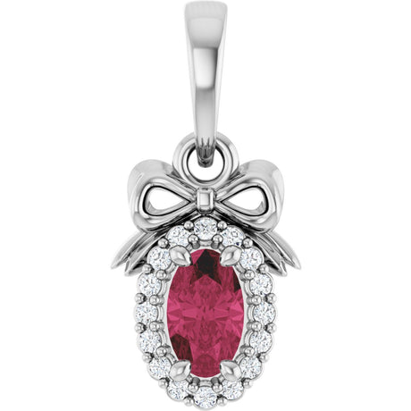 14K Gold Oval Natural Rhodolite Garnet & Natural Diamond Accented Bow Necklace or Pendant - White Gold