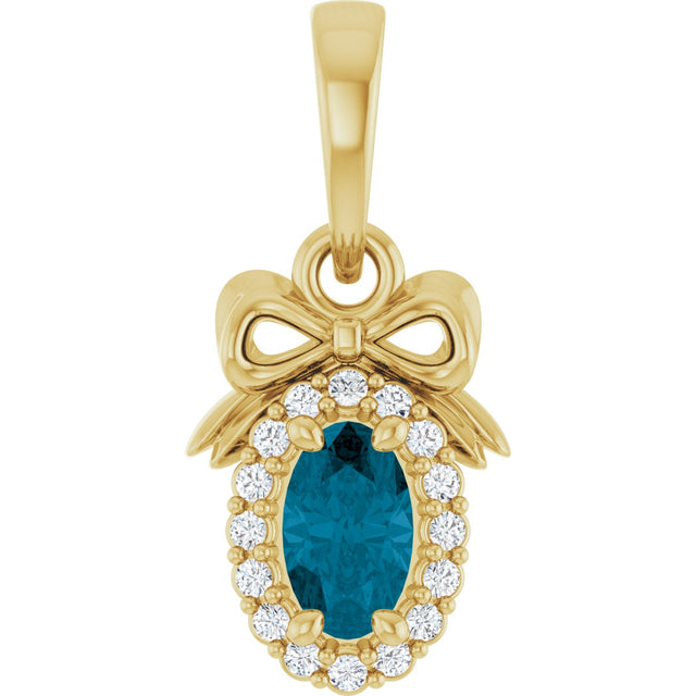 14K Gold Oval Natural London Blue Topaz & Natural Diamond Accented Bow Necklace or Pendant - Yellow Gold