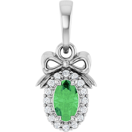 Platinum Oval Natural Tsavorite Garnet & Natural Diamond Accented Bow Necklace or Pendant