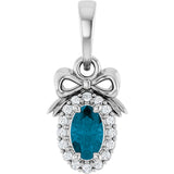 14K Gold Oval Natural London Blue Topaz & Natural Diamond Accented Bow Necklace or Pendant - White Gold