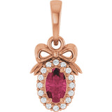 14K Gold Oval Natural Rhodolite Garnet & Natural Diamond Accented Bow Necklace or Pendant - Rose Gold