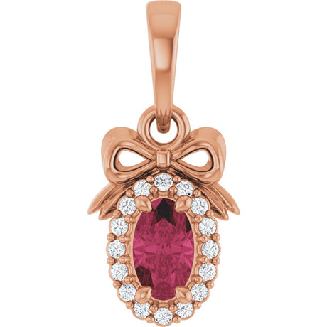 14K Gold Oval Natural Rhodolite Garnet & Natural Diamond Accented Bow Necklace or Pendant - Rose Gold