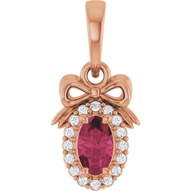 14K Gold Oval Natural Rhodolite Garnet & Natural Diamond Accented Bow Necklace or Pendant - Rose Gold
