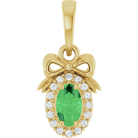 14K Gold Oval Natural Tsavorite Garnet & Natural Diamond Accented Bow Necklace or Pendant - Yellow Gold