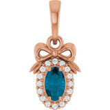 14K Gold Oval Natural London Blue Topaz & Natural Diamond Accented Bow Necklace or Pendant - Rose Gold