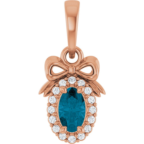 14K Gold Oval Natural London Blue Topaz & Natural Diamond Accented Bow Necklace or Pendant - Rose Gold