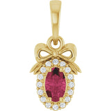 14K Gold Oval Natural Rhodolite Garnet & Natural Diamond Accented Bow Necklace or Pendant - Yellow Gold