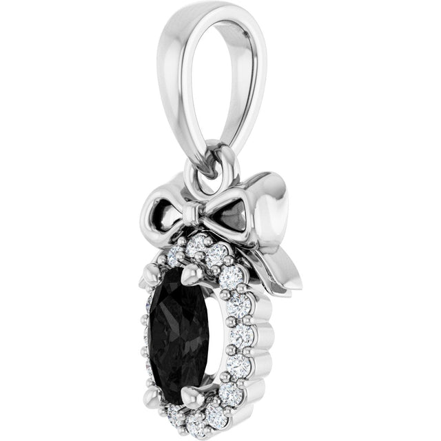 Platinum Oval Natural Black Onyx & Natural Diamond Accented Bow Necklace or Pendant - view 2