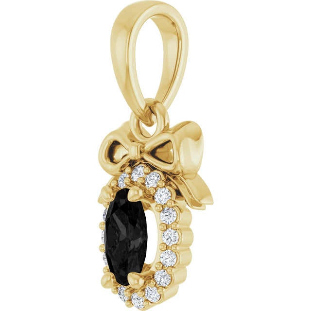 14K Gold Oval Natural Black Onyx & Natural Diamond Accented Bow Necklace or Pendant - Yellow Gold - view 2