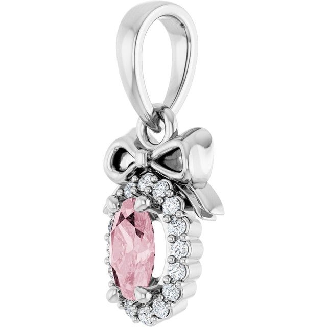 Platinum Oval Natural Pink Morganite & Natural Diamond Accented Bow Necklace or Pendant - view 2