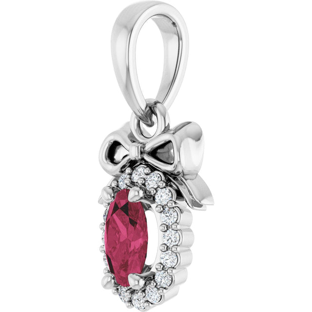 14K Gold Oval Natural Rhodolite Garnet & Natural Diamond Accented Bow Necklace or Pendant - White Gold - view 2