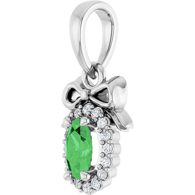 14K Gold Oval Natural Tsavorite Garnet & Natural Diamond Accented Bow Necklace or Pendant - White Gold - view 2