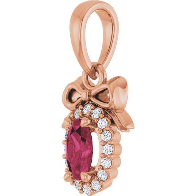 14K Gold Oval Natural Rhodolite Garnet & Natural Diamond Accented Bow Necklace or Pendant - Rose Gold - view 2