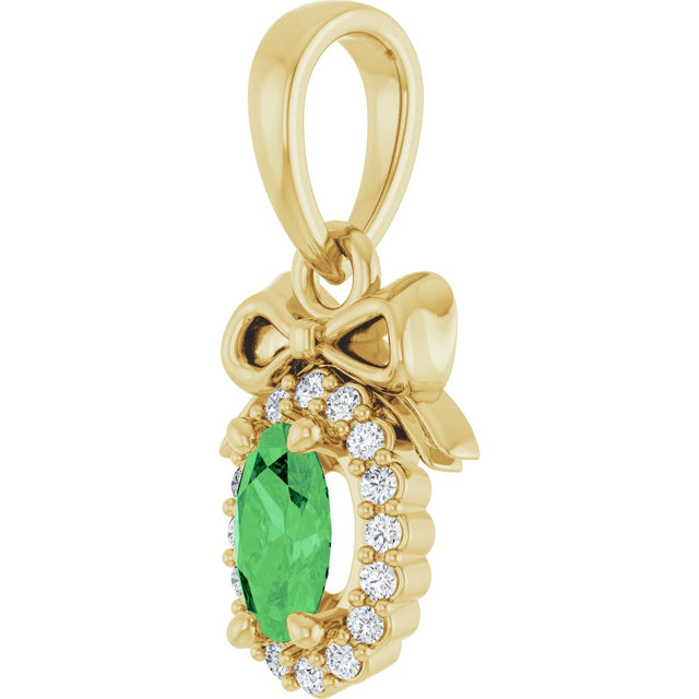 14K Gold Oval Natural Tsavorite Garnet & Natural Diamond Accented Bow Necklace or Pendant - Yellow Gold - view 2
