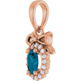 14K Gold Oval Natural London Blue Topaz & Natural Diamond Accented Bow Necklace or Pendant - Rose Gold - view 2