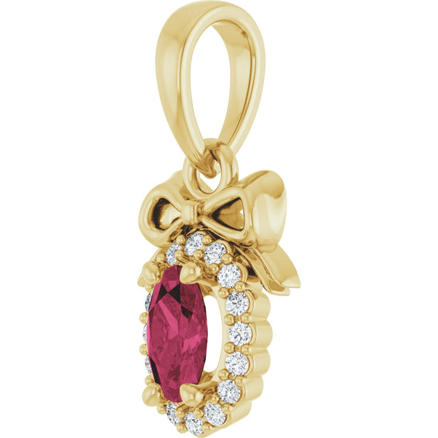 14K Gold Oval Natural Rhodolite Garnet & Natural Diamond Accented Bow Necklace or Pendant - Yellow Gold - view 2