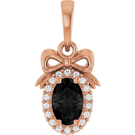 14K Gold Oval Natural Black Onyx & Natural Diamond Accented Bow Necklace or Pendant - Rose Gold
