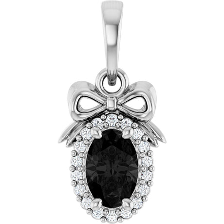 14K Gold Oval Natural Black Onyx & Natural Diamond Accented Bow Necklace or Pendant - White Gold