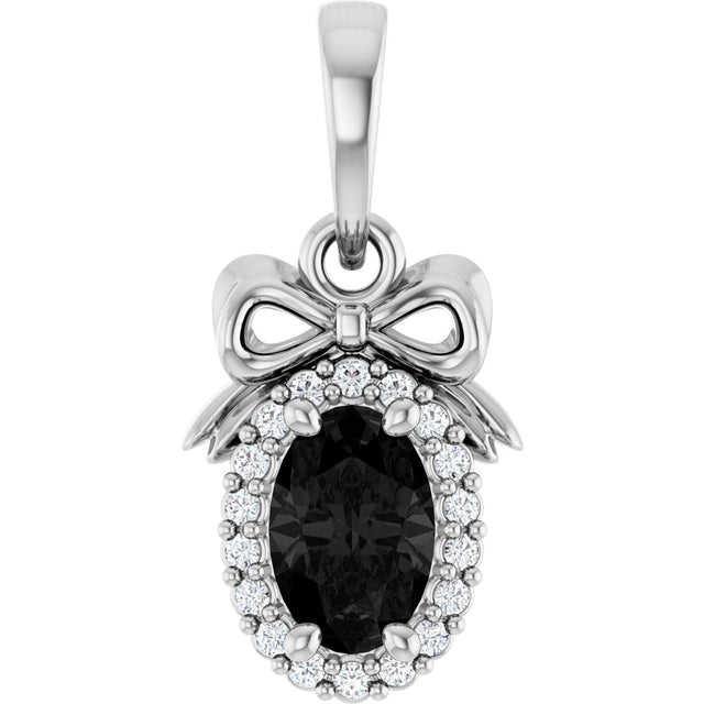 14K Gold Oval Natural Black Onyx & Natural Diamond Accented Bow Necklace or Pendant - White Gold