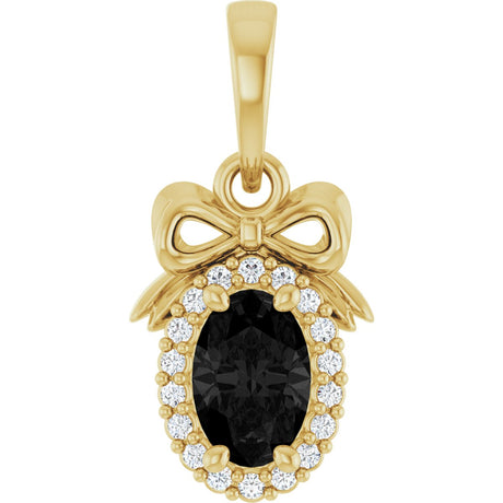 14K Gold Oval Natural Black Onyx & Natural Diamond Accented Bow Necklace or Pendant - Yellow Gold
