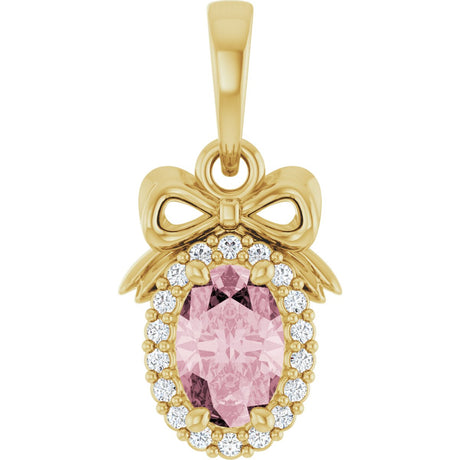 14K Gold Oval Natural Pink Morganite & Natural Diamond Accented Bow Necklace or Pendant - Yellow Gold
