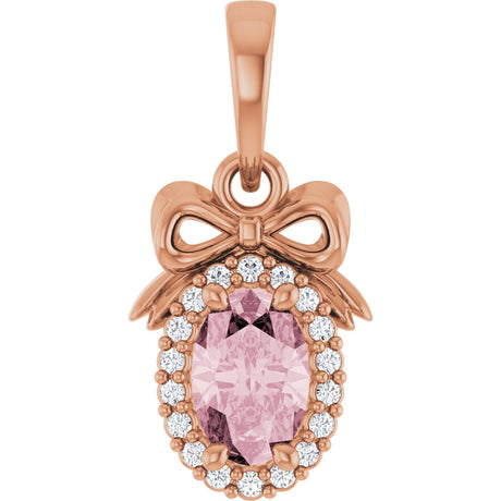 14K Gold Oval Natural Pink Morganite & Natural Diamond Accented Bow Necklace or Pendant - Rose Gold