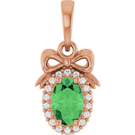 14K Gold Oval Natural Tsavorite Garnet & Natural Diamond Accented Bow Necklace or Pendant - Rose Gold