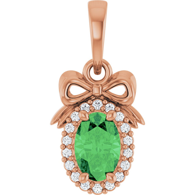 14K Gold Oval Natural Tsavorite Garnet & Natural Diamond Accented Bow Necklace or Pendant - Rose Gold