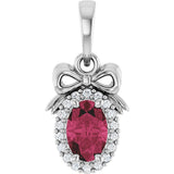 14K Gold Oval Natural Rhodolite Garnet & Natural Diamond Accented Bow Necklace or Pendant - White Gold